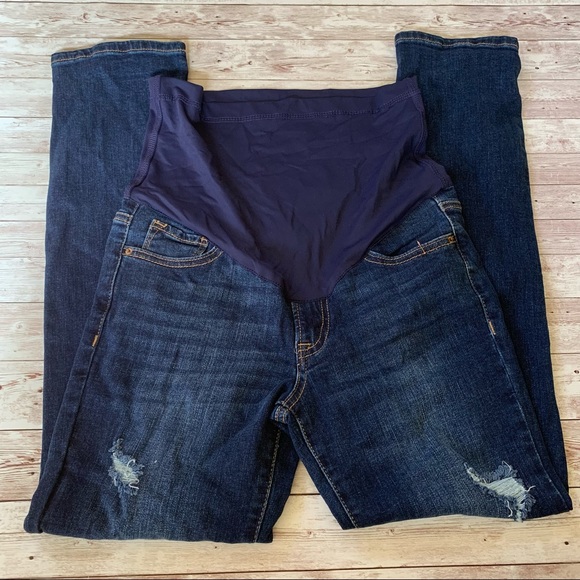 PinkBlush Dark Wash Distressed Maternity Full Panel Skinny Jeans - Picture 5 of 10